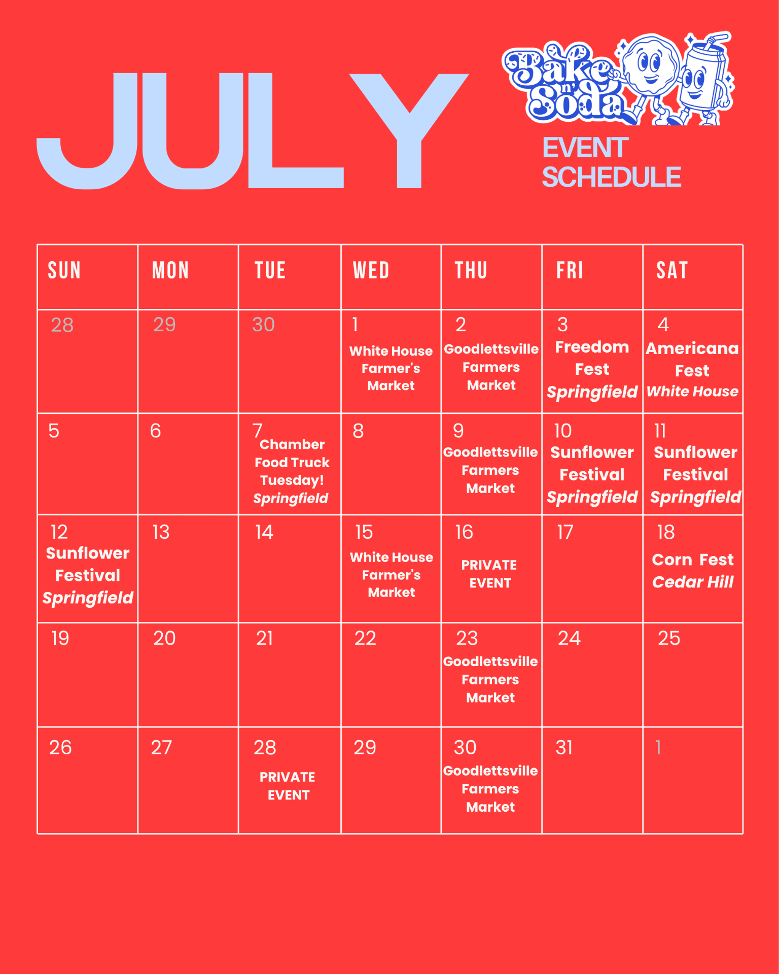 July monthly event schedule calendar for Bake n' Soda